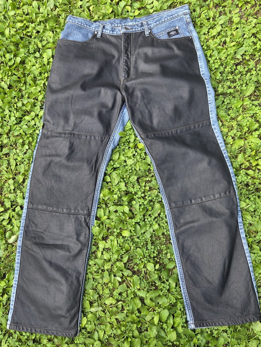 Vtg Harley Davidson Leather Front Denim Riding Pants Jeans Mens Size 35x31